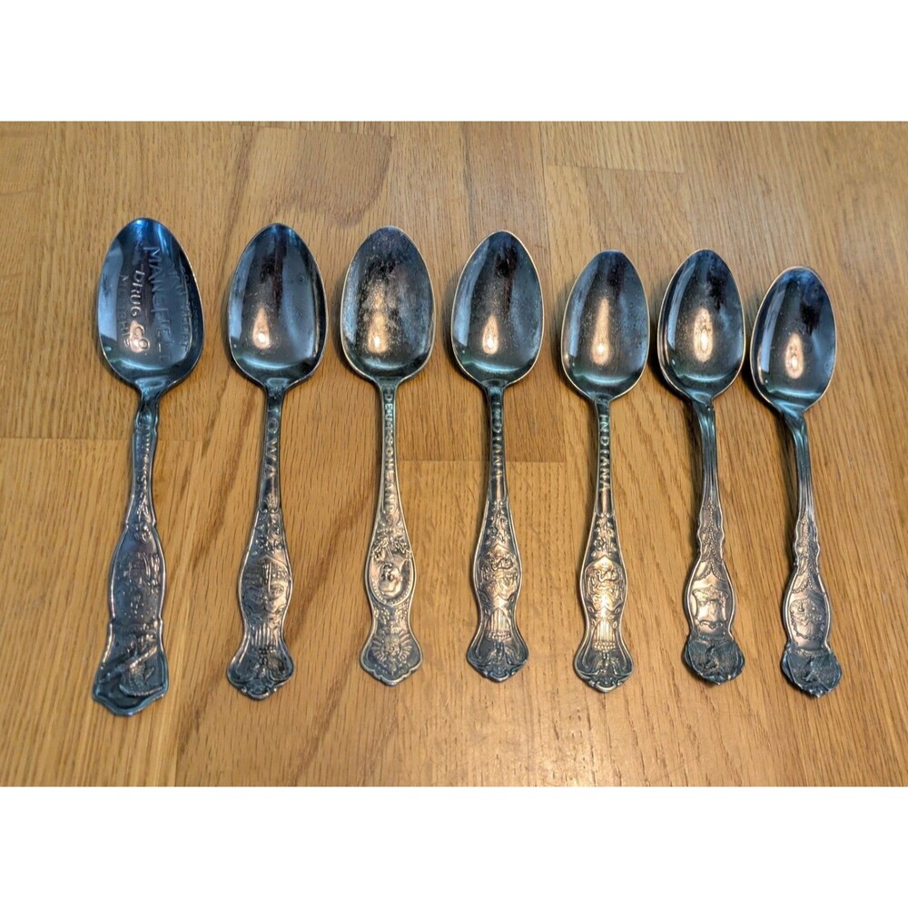 Set of 7 Wm Rogers Son Silver or Wallace Plate State Silver Spoon Collection